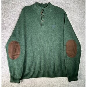 CHAPS Green Henley Sweater XL Cotton Elbow Patch Chunky Knit 100% Cotton